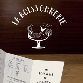 Création de l’identité visuel pour le restaurant La Boissonerie : logo, menu, carte des boissons, devanture.